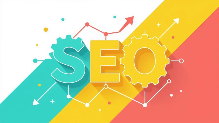 A kép a SEO (keresőoptimalizálás) fogalmát ábrázolja, grafikus elemekkel, mint fogaskerekek és növekvő grafikonok, amelyek a weboldal teljesítményét szimbolizálják.