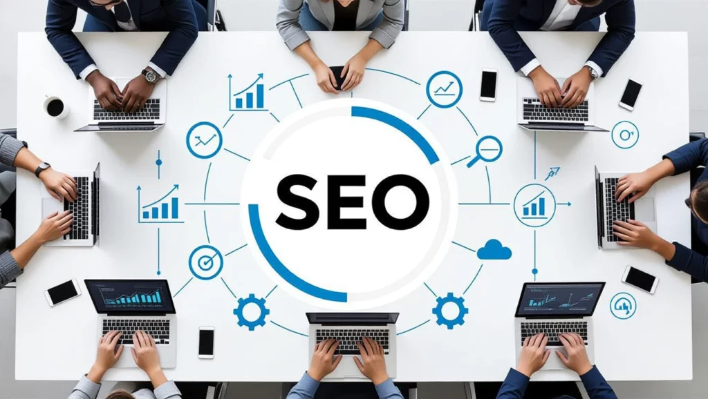 Egy asztal körül ülő emberek, akik laptopokon dolgoznak, SEO grafikonok és mutatók láthatók a középpontban.