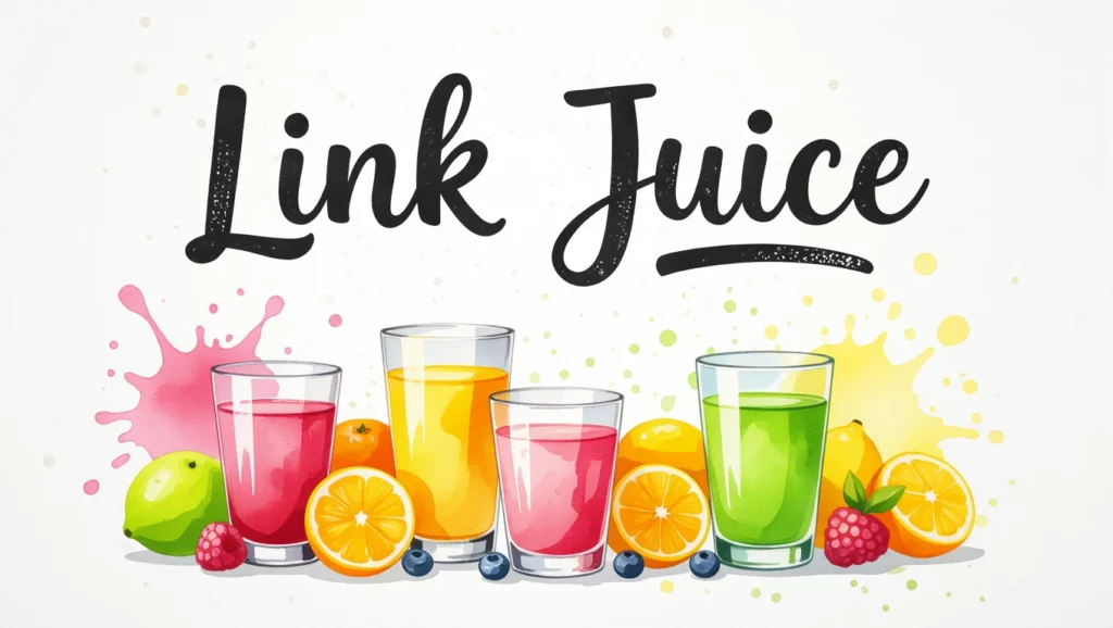 A 'link juice' kifejezés grafikus ábrázolása, színes gyümölcslevekkel és gyümölcsökkel, amelyek a SEO és a belső linkelés fontosságát szimbolizálják.