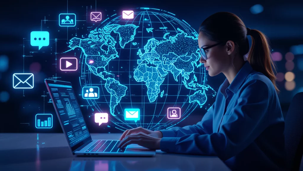 Egy fiatal nő számítógép előtt ülve, a háttérben globális digitális kommunikációs szimbólumokkal, amelyek a szezonális SEO fontosságát hangsúlyozzák.