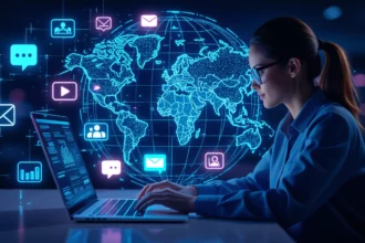 Egy fiatal nő számítógép előtt ülve, a háttérben globális digitális kommunikációs szimbólumokkal, amelyek a szezonális SEO fontosságát hangsúlyozzák.