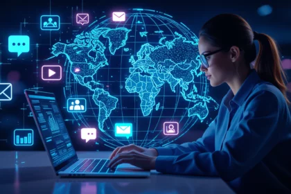 Egy fiatal nő számítógép előtt ülve, a háttérben globális digitális kommunikációs szimbólumokkal, amelyek a szezonális SEO fontosságát hangsúlyozzák.