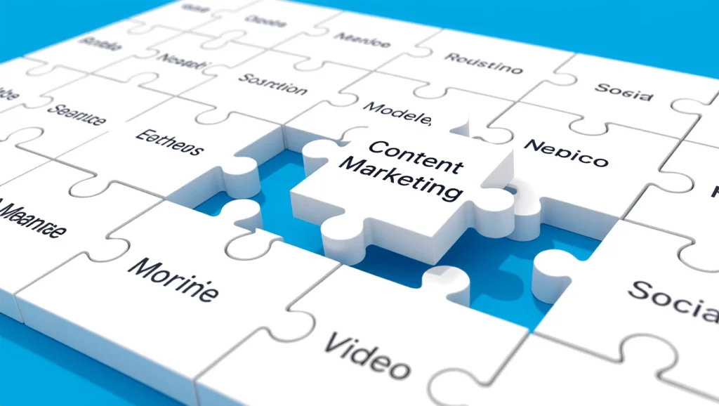 A képen egy puzzle látható, amelyben a 'Content Marketing' darabja hiányzik, szimbolizálva a SEO és tartalommarketing kapcsolatát.