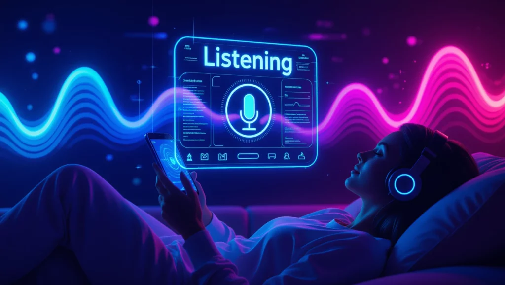 Egy fiatal nő fülhallgatóval relaxál, miközben a digitális asszisztensének parancsokat ad.