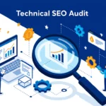 A képen egy technikai SEO audit folyamatát ábrázoló illusztráció látható, amelyen grafikonok, fogaskerekek és számítógép található.