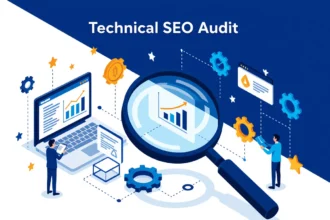 A képen egy technikai SEO audit folyamatát ábrázoló illusztráció látható, amelyen grafikonok, fogaskerekek és számítógép található.