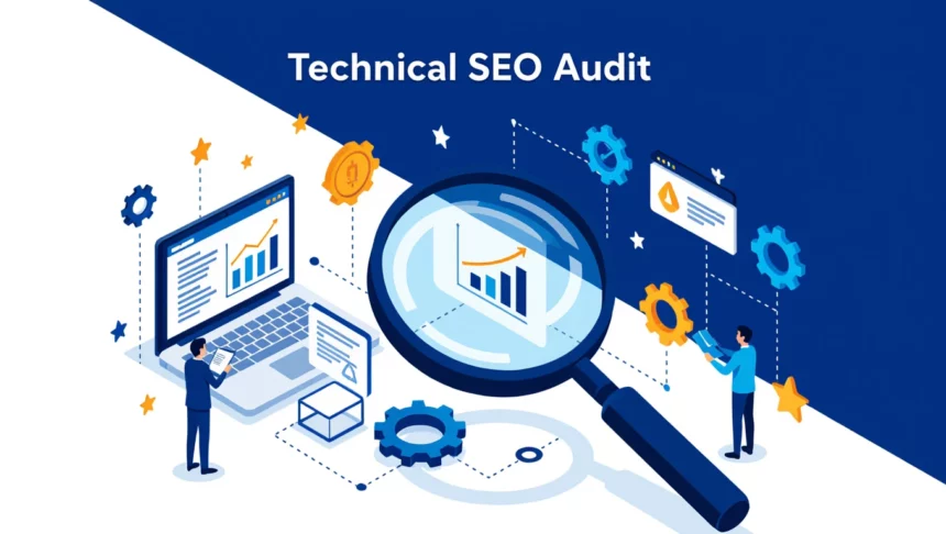 A képen egy technikai SEO audit folyamatát ábrázoló illusztráció látható, amelyen grafikonok, fogaskerekek és számítógép található.