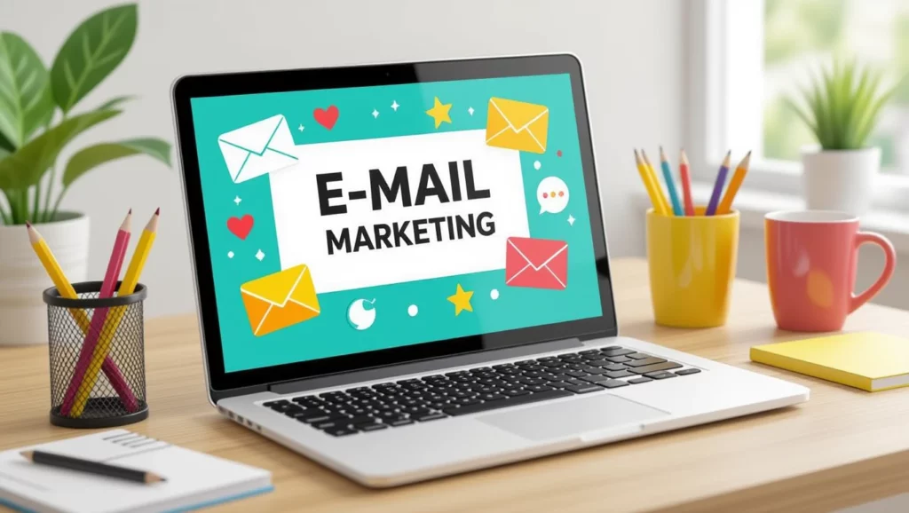 Egy laptop képernyőjén az e-mail marketing témájú grafika látható, színes levelek és ikonok kíséretében. A háttér világos és barátságos.