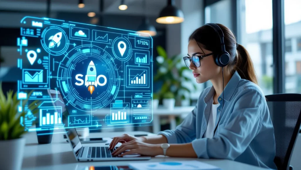 Egy fiatal nő számítógépen dolgozik, miközben SEO grafikák és adatok jelennek meg a képernyőn, hangsúlyozva a digitális marketing fontosságát.