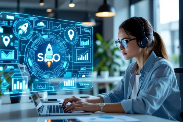 Egy fiatal nő számítógépen dolgozik, miközben SEO grafikák és adatok jelennek meg a képernyőn, hangsúlyozva a digitális marketing fontosságát.
