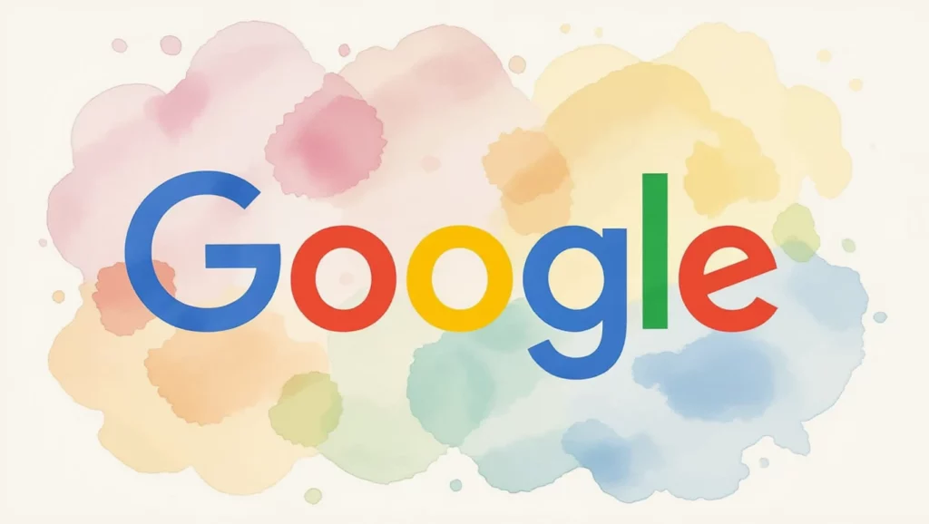 A Google logója színes, vízfesték hatású háttér előtt, amely a keresőoptimalizálás fontosságát szimbolizálja.
