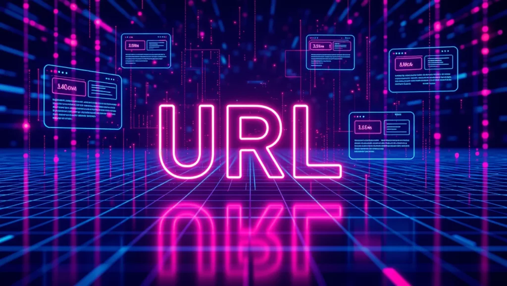 A kép középpontjában a 'URL' felirat áll, digitális háttérrel és adatablakokkal, amelyek a Google Search Console URL-ellenőrző eszköz használatára utalnak.