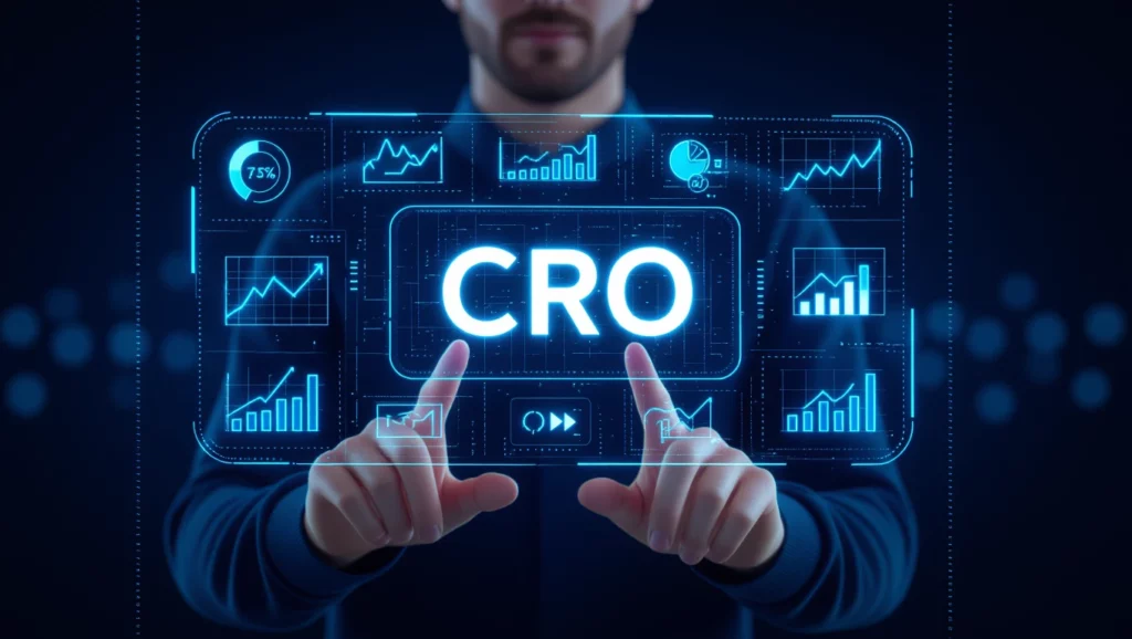 Egy férfi digitális felületen mutat a CRO (Conversion Rate Optimization) grafikonokra és statisztikákra, amelyek a felhasználói élmény javítását célozzák.