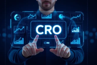 Egy férfi digitális felületen mutat a CRO (Conversion Rate Optimization) grafikonokra és statisztikákra, amelyek a felhasználói élmény javítását célozzák.