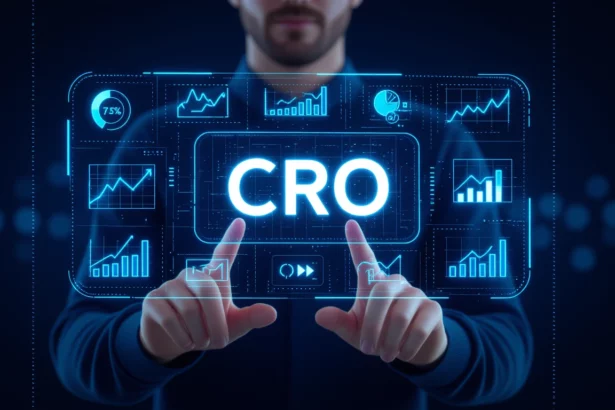 Egy férfi digitális felületen mutat a CRO (Conversion Rate Optimization) grafikonokra és statisztikákra, amelyek a felhasználói élmény javítását célozzák.