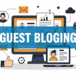 A vendégblogolás folyamatát bemutató grafika, amely számítógépeket, statisztikákat és kapcsolatokat ábrázol, hangsúlyozva a digitális PR szerepét.