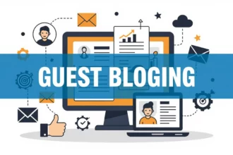 A vendégblogolás folyamatát bemutató grafika, amely számítógépeket, statisztikákat és kapcsolatokat ábrázol, hangsúlyozva a digitális PR szerepét.