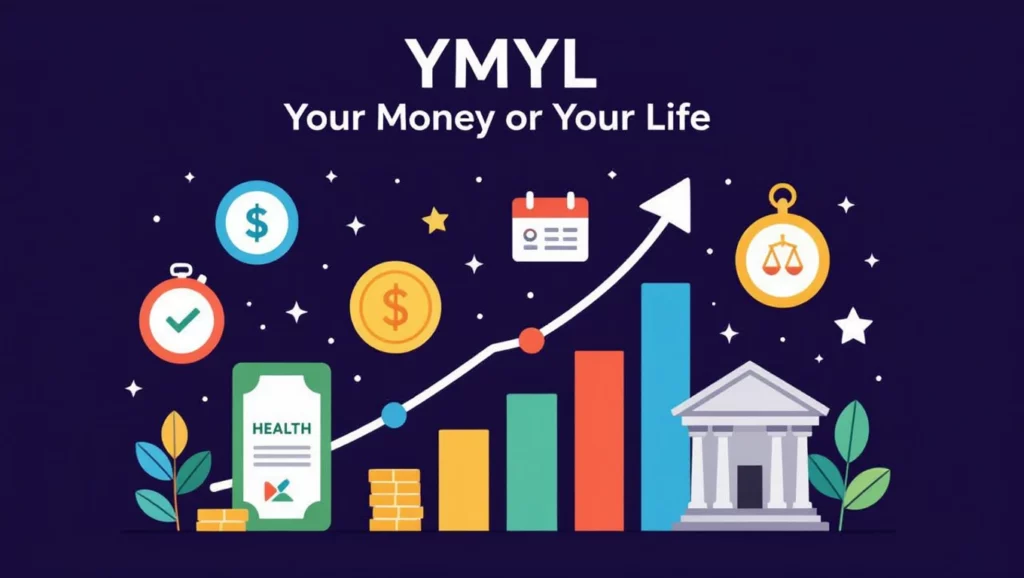 Grafika a YMYL (Your Money or Your Life) témájáról, pénzügyi és egészségügyi szimbólumokkal, mint pénz, egészségügyi dokumentum és növekvő grafikon.