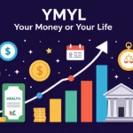 Grafika a YMYL (Your Money or Your Life) témájáról, pénzügyi és egészségügyi szimbólumokkal, mint pénz, egészségügyi dokumentum és növekvő grafikon.