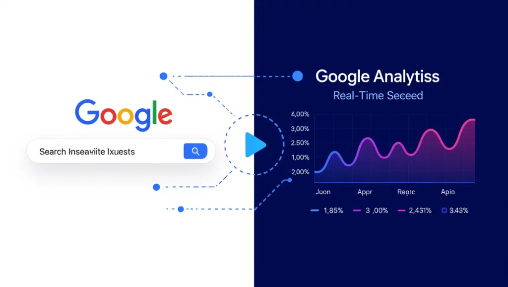 A Google Search Console és Google Analytics logói, valamint egy grafikon, amely a weboldal teljesítményét mutatja, hangsúlyozva az adatok integrálásának fontosságát.