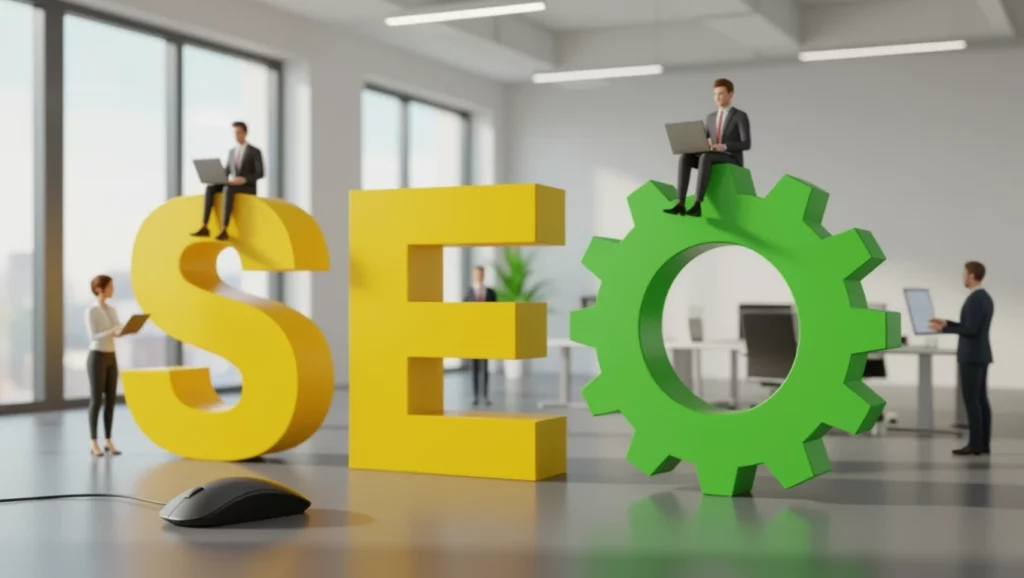 A képen az SEO felirat látható, mellette zöld fogaskerék és emberek laptopokkal, akik a keresőoptimalizálás fontosságát szimbolizálják.