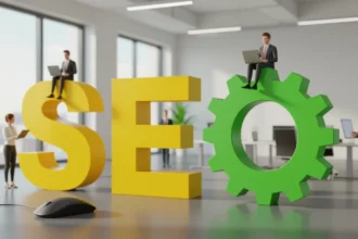 A képen az SEO felirat látható, mellette zöld fogaskerék és emberek laptopokkal, akik a keresőoptimalizálás fontosságát szimbolizálják.