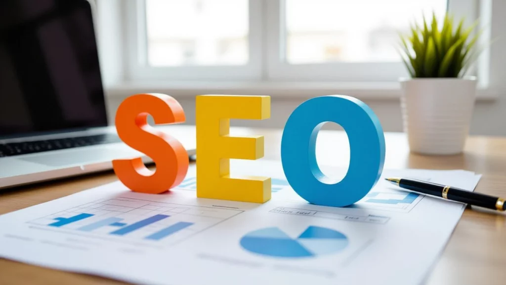 A képen a SEO felirat színes betűkből áll, háttérben laptop és grafikonok láthatók, amelyek a keresőoptimalizálás fontosságát hangsúlyozzák.