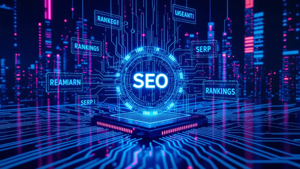 Digitális ábra, amely az SEO és a keresőoptimalizálás kulcsszavait jeleníti meg, háttérben futurisztikus városképpel.
