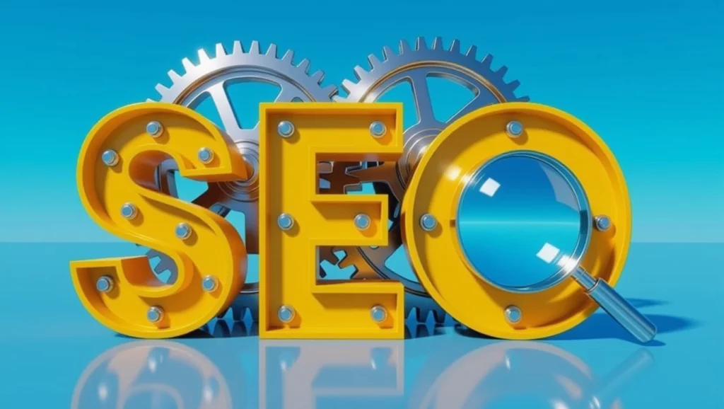 A kép a SEO szót ábrázolja fogaskerekekkel, amelyek a keresőoptimalizálás mechanizmusát szimbolizálják.