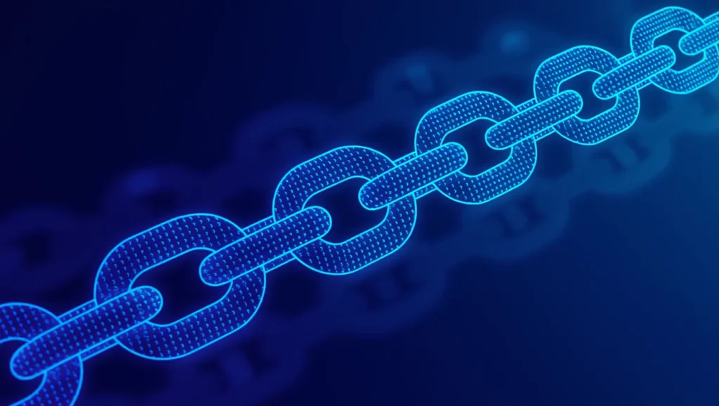 Egy kék színű, digitális lánc, amely a backlinkek szimbolikus ábrázolása, a keresőoptimalizálás és a backlink profilok fontosságát hangsúlyozva.