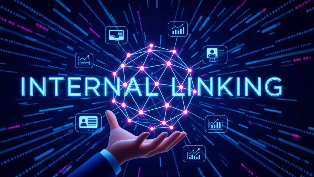 Egy kéz, amely egy fénylő, hálózatos globust tart, rajta a 'INTERNAL LINKING' felirattal, körülötte különböző ikonok, amelyek a belső linkelés fontosságát szimbolizálják.