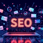 Egy laptop képernyőjén a SEO felirat látható, körülötte grafikai elemekkel, mint levelek és statisztikai ikonok.