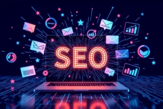 Egy laptop képernyőjén a SEO felirat látható, körülötte grafikai elemekkel, mint levelek és statisztikai ikonok.