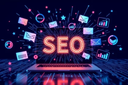 Egy laptop képernyőjén a SEO felirat látható, körülötte grafikai elemekkel, mint levelek és statisztikai ikonok.