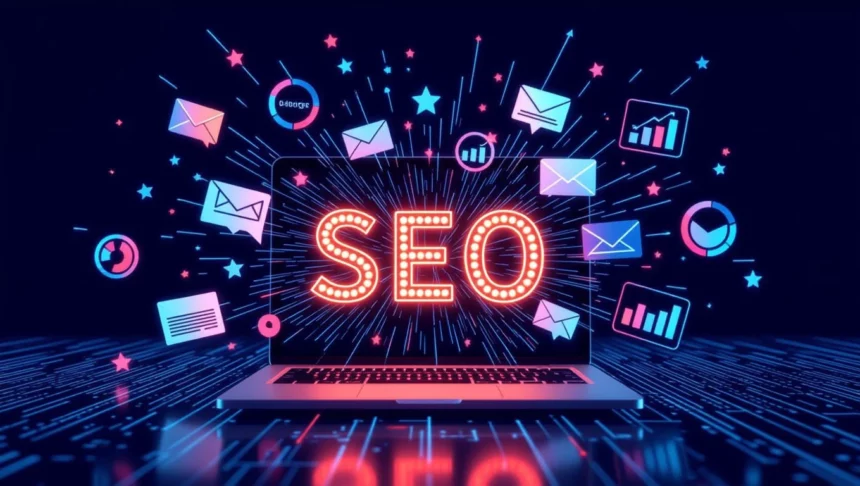 Egy laptop képernyőjén a SEO felirat látható, körülötte grafikai elemekkel, mint levelek és statisztikai ikonok.