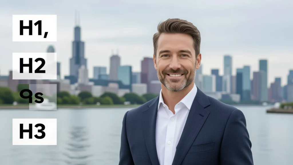 A képen egy férfi látható, aki mosolyogva áll a város háttér előtt, mellette a címsorok hierarchiáját bemutató szövegek láthatók.