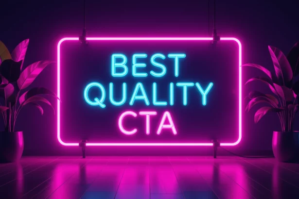 A képen egy neon felirat látható, amelyen a 'BEST QUALITY CTA' szöveg olvasható, körülötte növények találhatók.