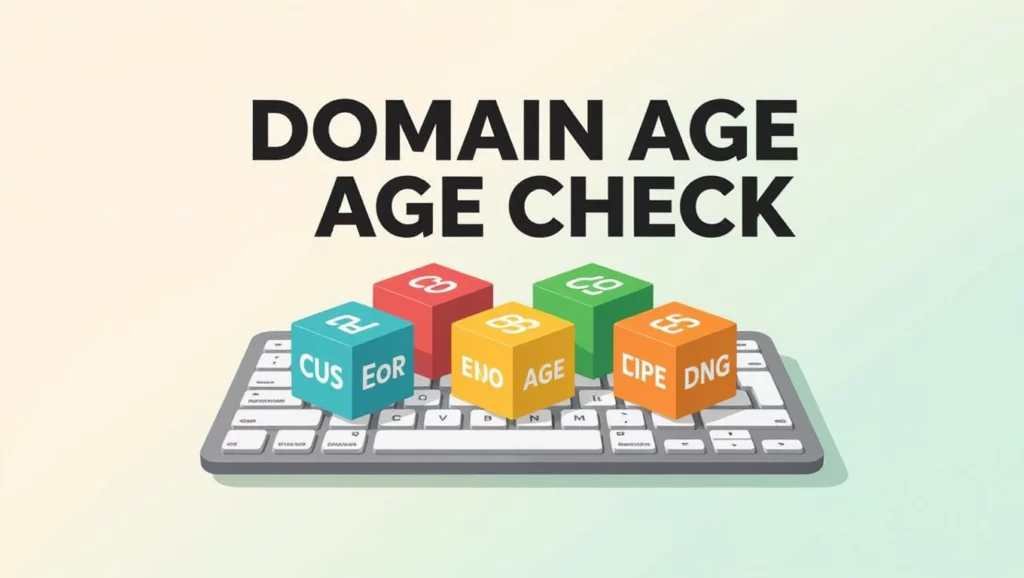 A képen egy billentyűzet látható, amelyen színes kockák állnak, a felirat pedig a domain kor ellenőrzésére utal. A kép a keresőoptimalizálás és a domain név fontosságát hangsúlyozza.