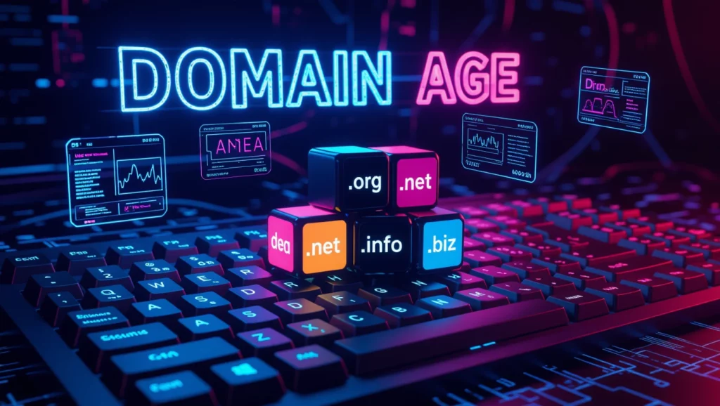 A képen egy számítógép billentyűzete látható, amelyen színes kockák állnak a domain kora témájában, különböző domain végződésekkel.