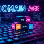 A képen egy számítógép billentyűzete látható, amelyen színes kockák állnak a domain kora témájában, különböző domain végződésekkel.