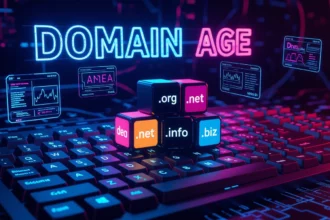 A képen egy számítógép billentyűzete látható, amelyen színes kockák állnak a domain kora témájában, különböző domain végződésekkel.