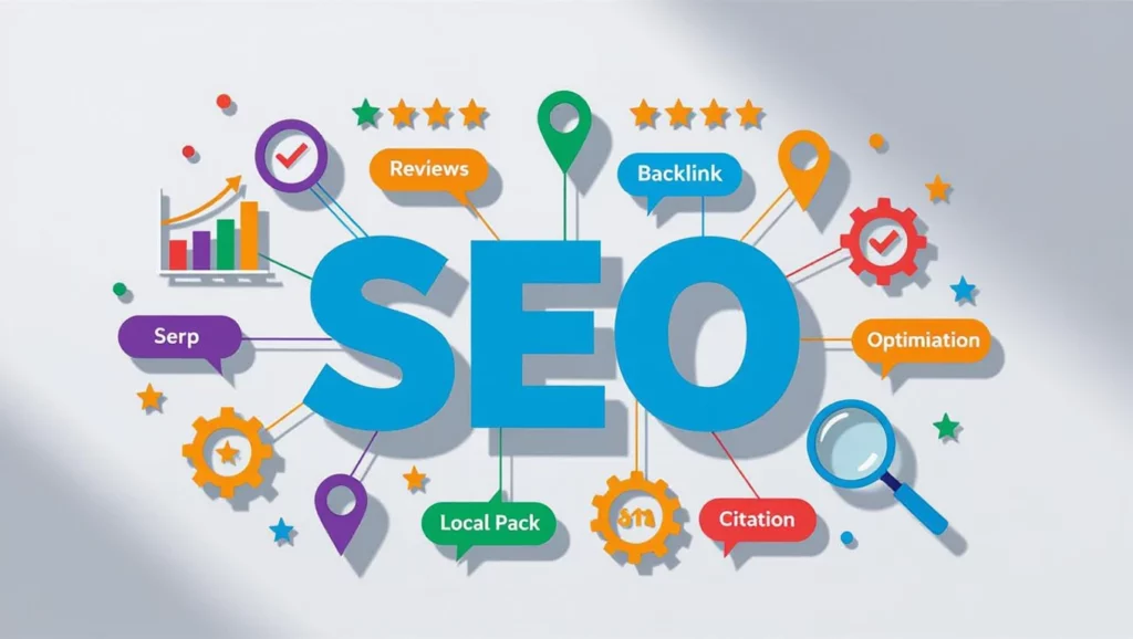 A SEO fogalmai és elemei, mint a backlinkek, optimalizálás, és forgalmi adatok grafikus ábrázolása.