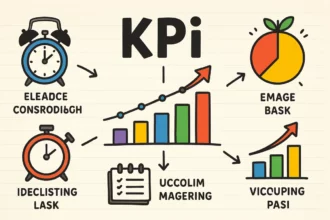 A képen különböző KPI mutatók láthatók, mint például grafikonok, órák és táblázatok, amelyek az SEO riportok készítésének fontosságát hangsúlyozzák.