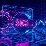 A képen egy SEO grafikon látható, amely a felhasználói viselkedés elemzésének fontosságát hangsúlyozza. A háttérben statisztikai adatok és fogaskerekek találhatóak.
