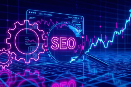 A képen egy SEO grafikon látható, amely a felhasználói viselkedés elemzésének fontosságát hangsúlyozza. A háttérben statisztikai adatok és fogaskerekek találhatóak.