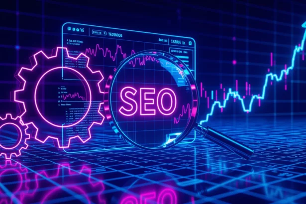 A képen egy SEO grafikon látható, amely a felhasználói viselkedés elemzésének fontosságát hangsúlyozza. A háttérben statisztikai adatok és fogaskerekek találhatóak.