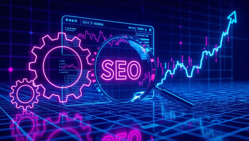 A képen egy SEO grafikon látható, amely a felhasználói viselkedés elemzésének fontosságát hangsúlyozza. A háttérben statisztikai adatok és fogaskerekek találhatóak.