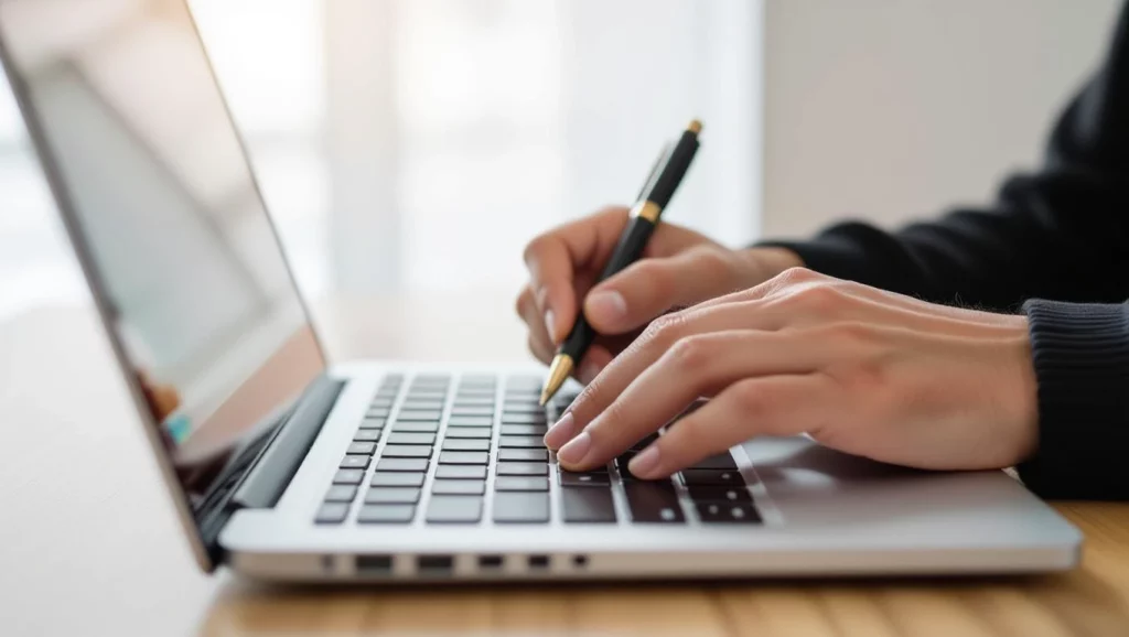 Egy kéz, amely egy laptop billentyűzetén gépel, miközben jegyzetel egy tollal, a tartalomfrissítés folyamatát szimbolizálva.