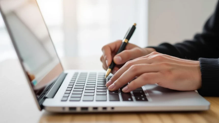 Egy kéz, amely egy laptop billentyűzetén gépel, miközben jegyzetel egy tollal, a tartalomfrissítés folyamatát szimbolizálva.