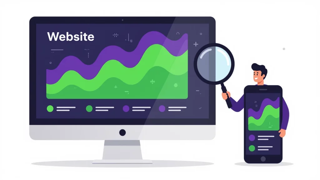 A képen egy számítógép és egy okostelefon látható, amelyek grafikonokat mutatnak a weboldal látogatottságának elemzéséről, kiemelve a görgetési mélységet.